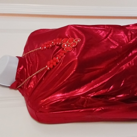 Nwot Y2kMettalic Red Mock Neck Ruched Dress. SIZE L. - Picture 5 of 13